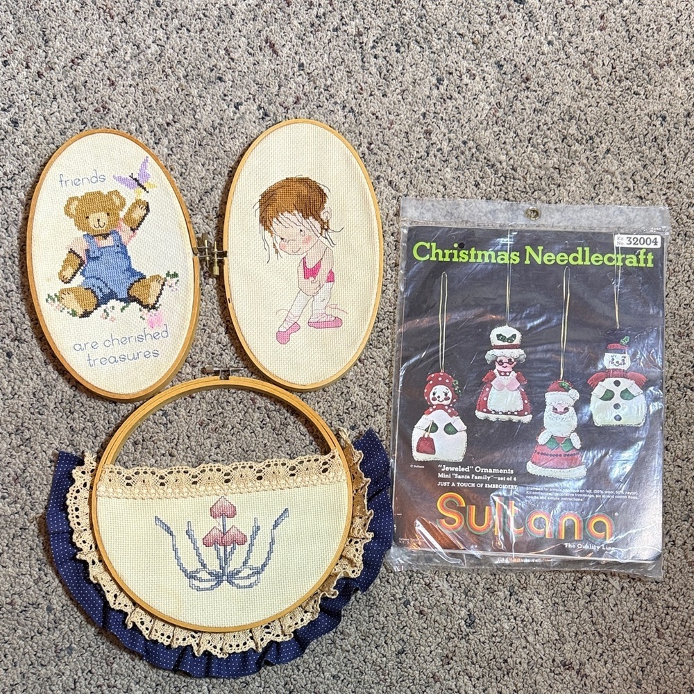Vintage Hand-stitched Cross Stitch Trio AND Christmas Needlecraft Kit